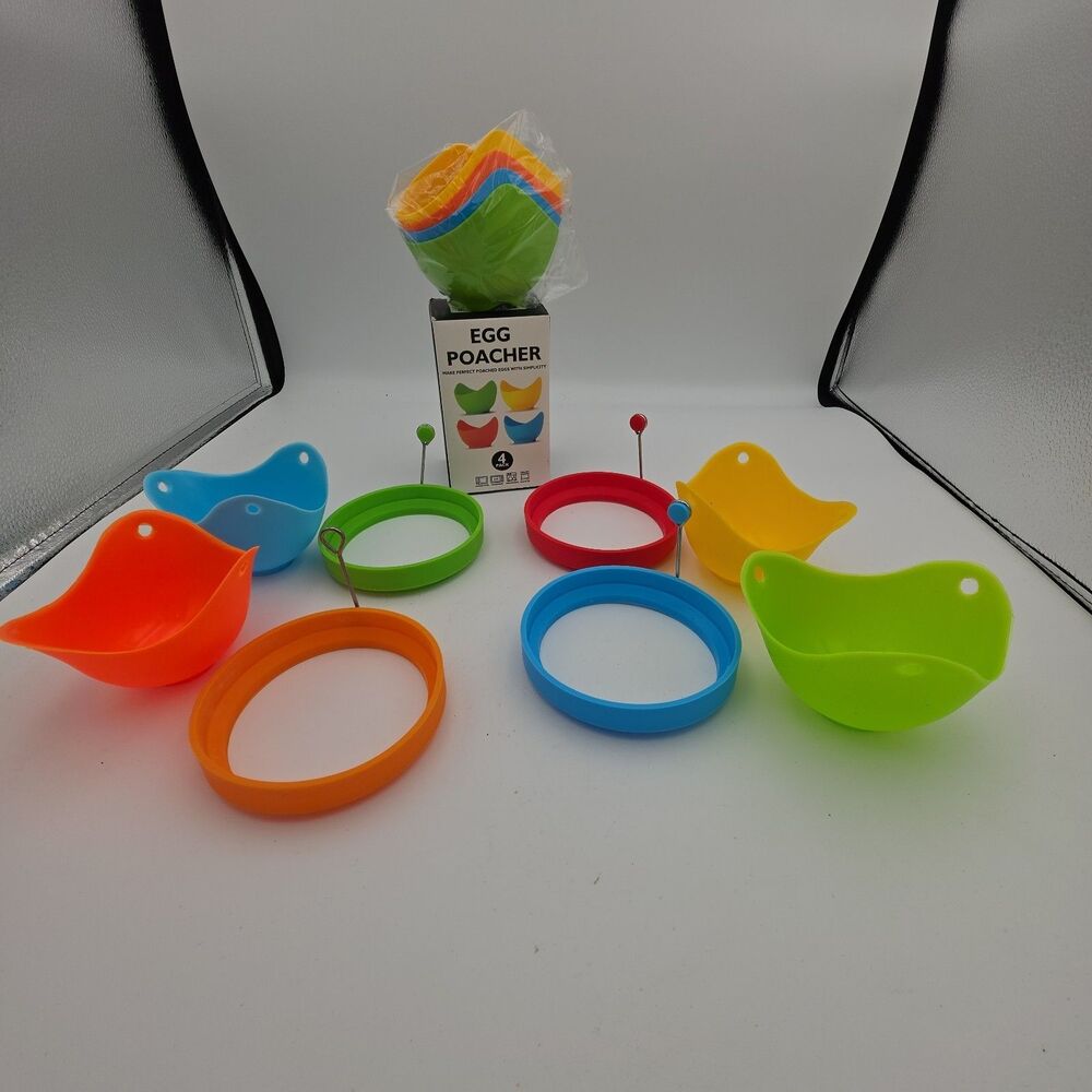 Silicone Egg Poacher Cups Lot of 8 + 4 Egg Rings Colorful Cooking Molds